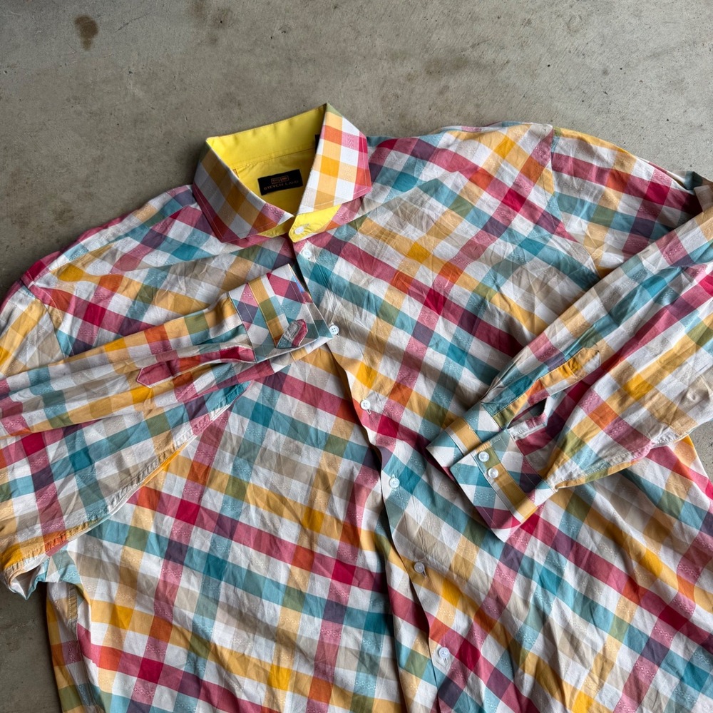 Steven Land Button Down Mens 19-36/37 Multicolor Plaid Cotton Long Sleeve Shirt